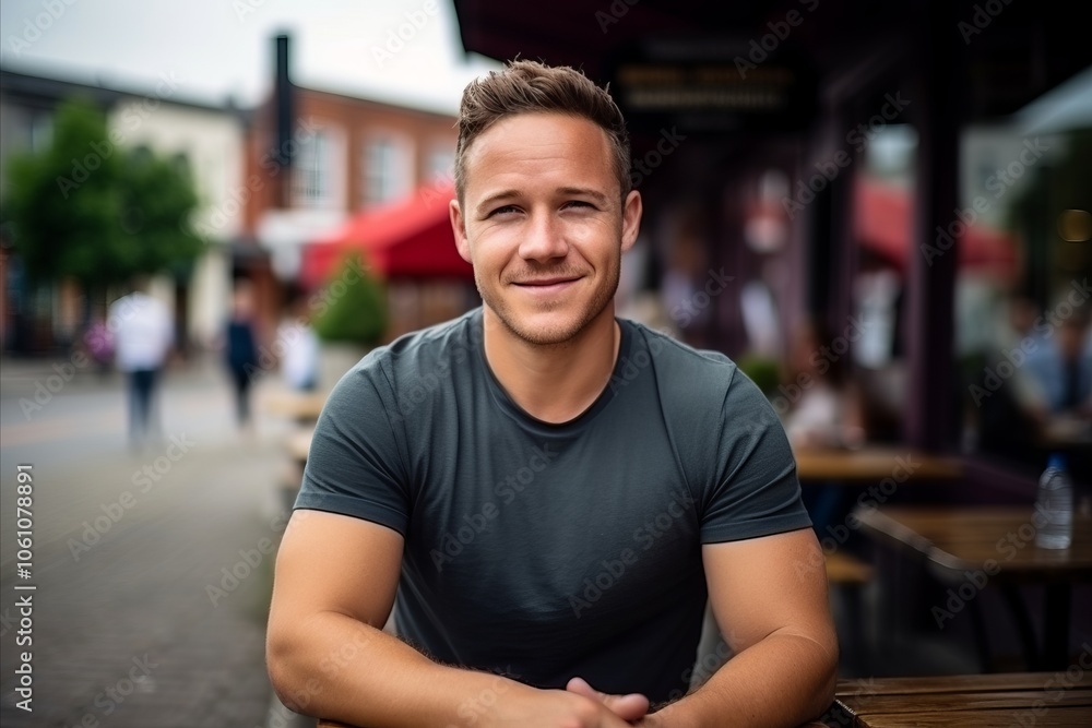 Portrait of a handsome young man sitting at a table in a pub Portrait of a handsome young man sitting at a table in a pub