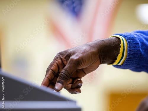 Hand casting a ballot during election day at a polling station photo