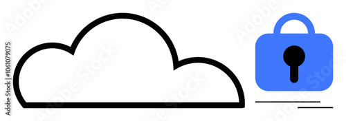 Black outline of a cloud next to a blue lock symbolizing secure cloud storage and data protection. Ideal for cloud storage, data security, internet privacy, cybersecurity concepts, online protection