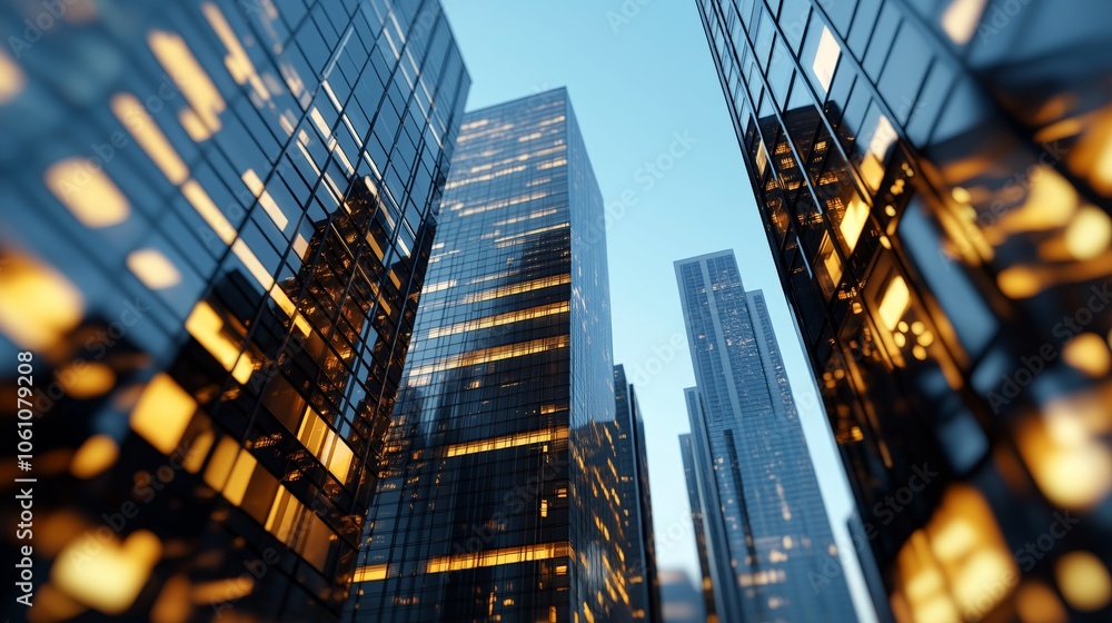 Fototapeta premium Urban architecture skyscrapers reflections bokeh innovation progress. AI generated