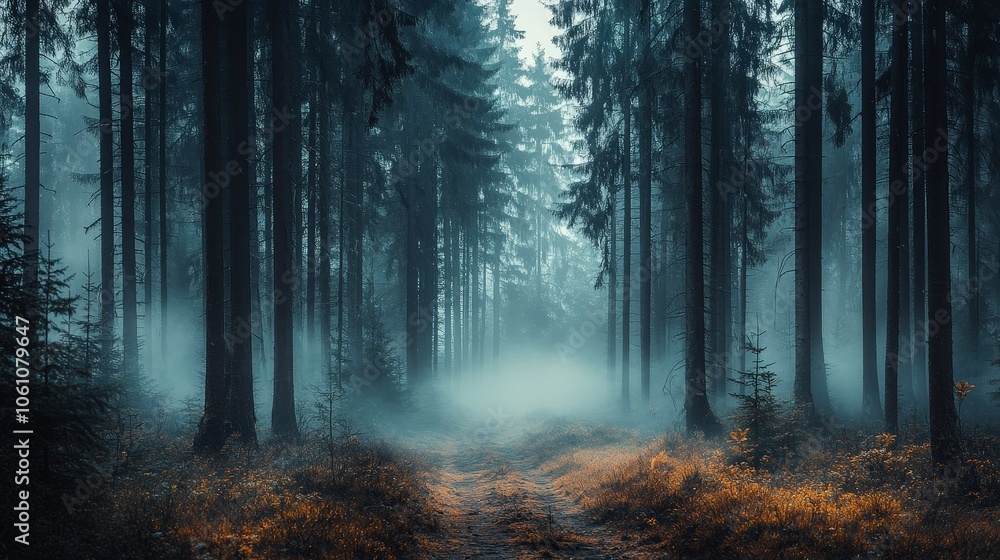 Serene Misty Forest with Tall Trees Serene Misty Forest with Tall Trees