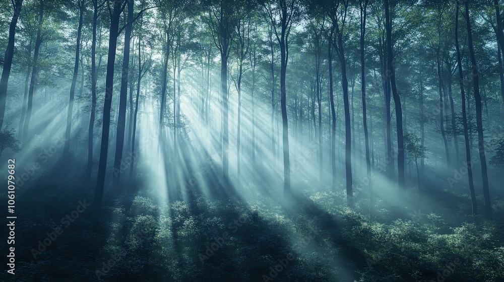 Obraz premium Serene Misty Forest with Tall Trees