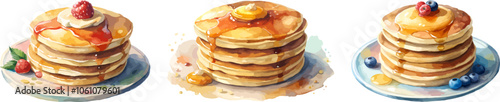 set of watercolor pancakes isolated