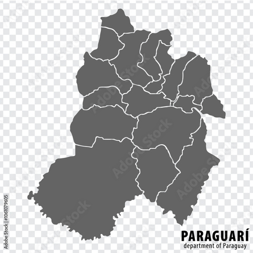 Blank map Paraguari Department of Paraguay. High quality map Department  of Paraguari with districts on transparent background for your web site design, logo, app, UI.  Republic of Paraguay.  EPS10.