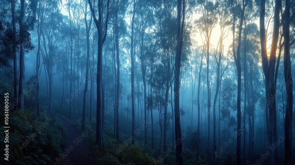 Misty Serene Forest with Tall Trees Misty Serene Forest with Tall Trees