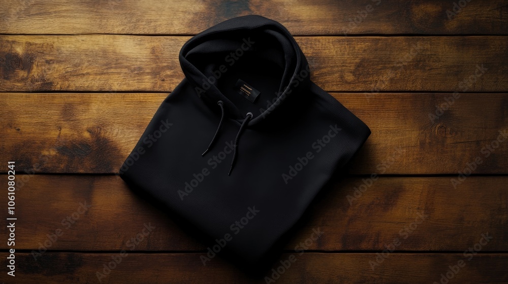 A black hoodie lies flat on a wooden surface. The fabric is soft and the hoodie is perfect for casual wear. A black hoodie lies flat on a wooden surface. The fabric is soft and the hoodie is perfect for casual wear.