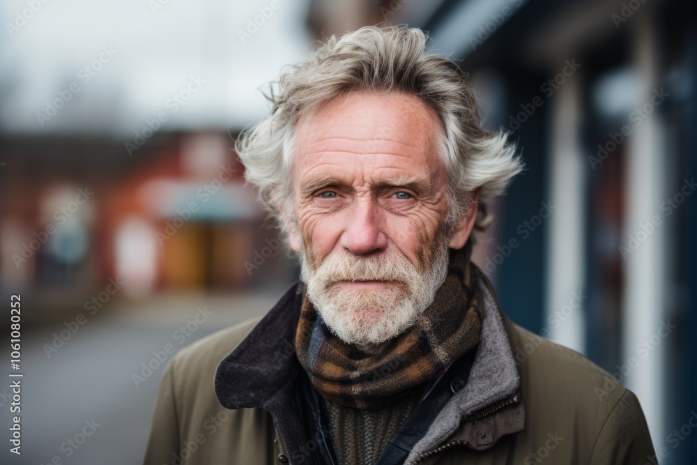 Portrait of a senior man with grey hair and beard on a city street. Portrait of a senior man with grey hair and beard on a city street.