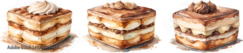 set of watercolor tiramisu isolated