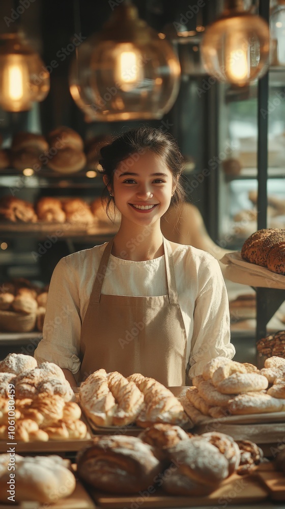 Smiling woman in apron stands proudly behind bakery display at sunrise Smiling woman in apron stands proudly behind bakery display at sunrise