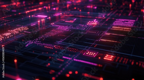 Abstract digital circuit board with glowing red and pink lights.