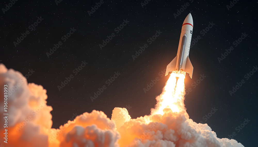 Naklejka premium Space rocket with a blast and puffs of smoke successfully takes off into the starry sky. The beginning of a space mission. Rocket launch isolated with white highlights, png