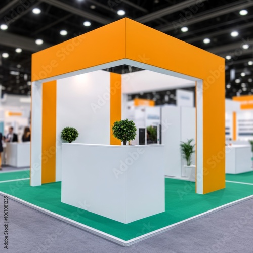 Modern exhibition booth with orange and white color scheme and green carpet. photo