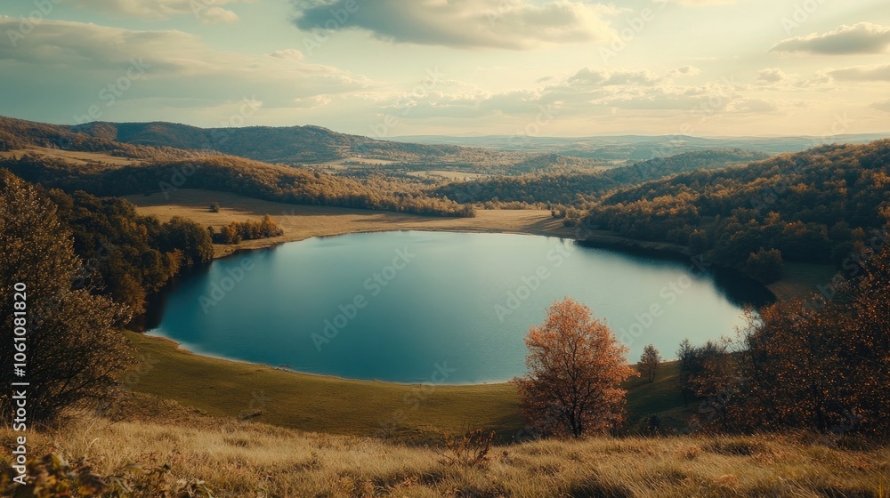 Fototapeta premium A serene lake nestled in the heart of a lush valley, surrounded by rolling hills and a vibrant sky. The calm water reflects the surrounding nature, creating a breathtaking scene.