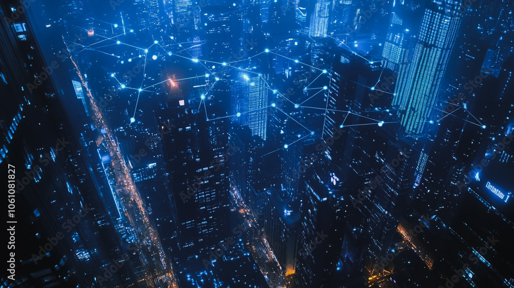Smart digital city with connection cyber security network reciprocity over the cityscape . future smart wireless digital city and social media networking systems that connects people within the city Smart digital city with connection cyber security network reciprocity over the cityscape . future smart wireless digital city and social media networking systems that connects people within the city