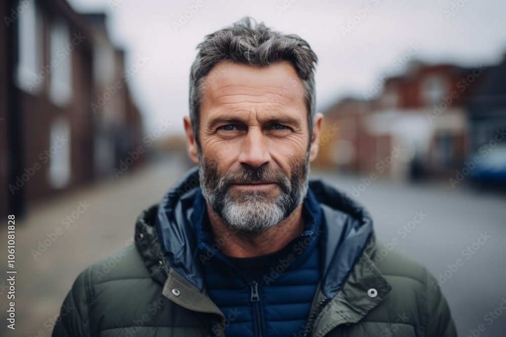 Portrait of a handsome middle-aged man with gray beard and mustache outdoors. Portrait of a handsome middle-aged man with gray beard and mustache outdoors.