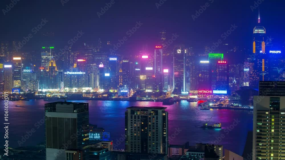 HONG KONG, - OCTOBER 27, 2024: Captivating skyline view from HK roof showcasing vibrant city lights and stunning waterways at night HONG KONG, - OCTOBER 27, 2024: Captivating skyline view from HK roof showcasing vibrant city lights and stunning waterways at night