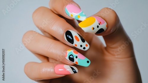 A beautiful close up of a woman s hand featuring colorful nails photo