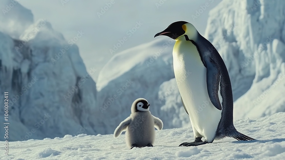 Fototapeta premium A majestic emperor penguin with its baby chick, standing on the snow-covered ground of Antarctica
