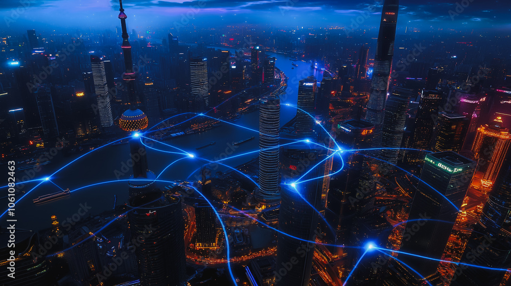 Smart digital city with connection cyber security network reciprocity over the cityscape . future smart wireless digital city and social media networking systems that connects people within the city Smart digital city with connection cyber security network reciprocity over the cityscape . future smart wireless digital city and social media networking systems that connects people within the city