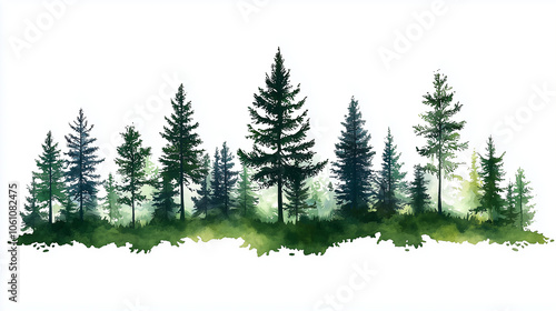 pine trees isolated on white background, conifer and evergreen tree line.. - a painting of mature pines and assorted trees - book illustration,  watercolor painting