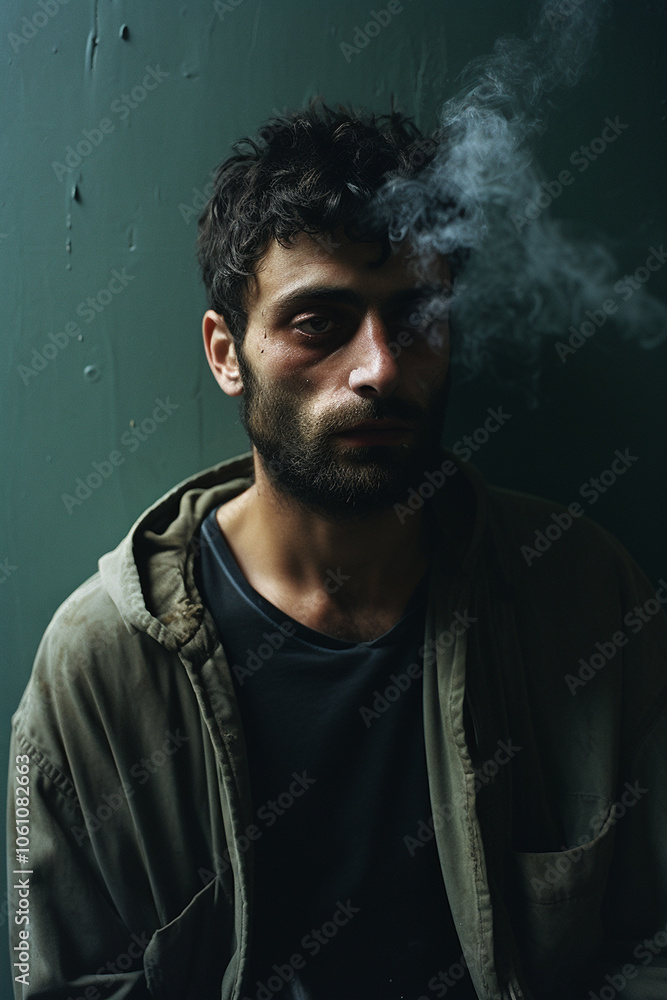 Man with dark hair and beard smoking a cigarette portraying a criminal, or drug addict or homeless person Man with dark hair and beard smoking a cigarette portraying a criminal, or drug addict or homeless person