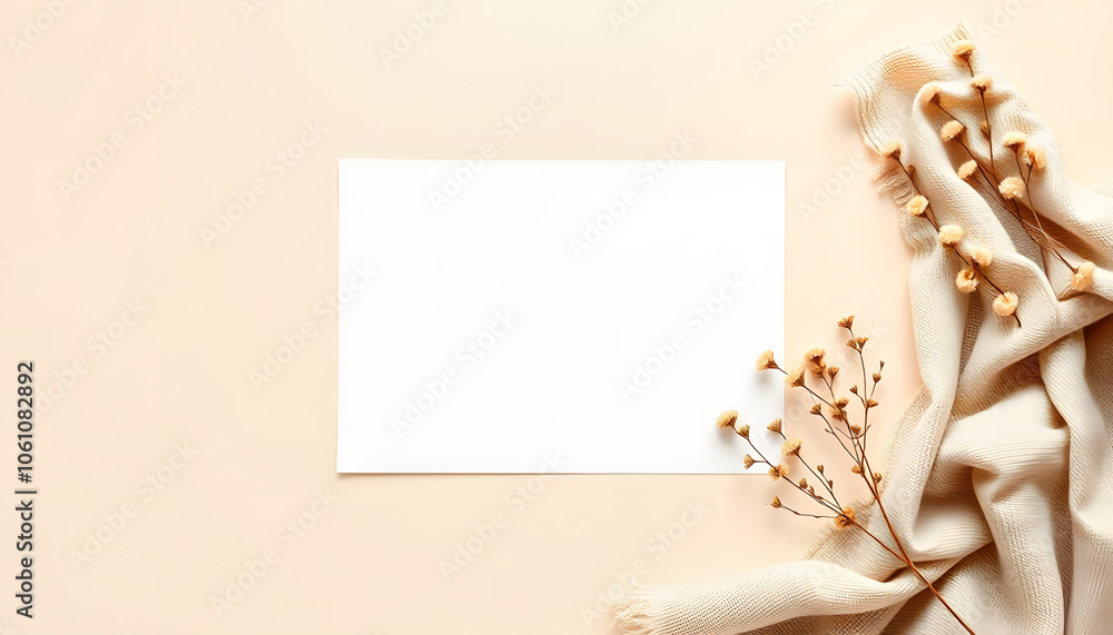 Blank paper sheet card with mockup copy space and dry floral branch and blanket cloth on neutral beige background. Minimal aesthetic wedding invitation template. Flat lay, top view isolated with whi Blank paper sheet card with mockup copy space and dry floral branch and blanket cloth on neutral beige background. Minimal aesthetic wedding invitation template. Flat lay, top view isolated with whi