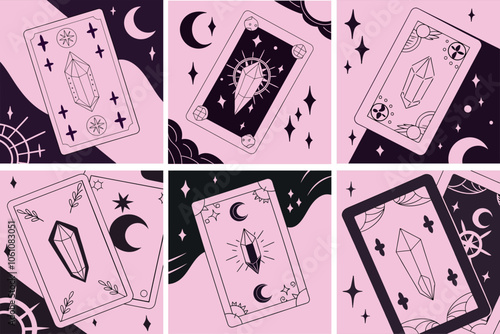 Vector collection of magical tarot cards richly decorated with symbolic elements