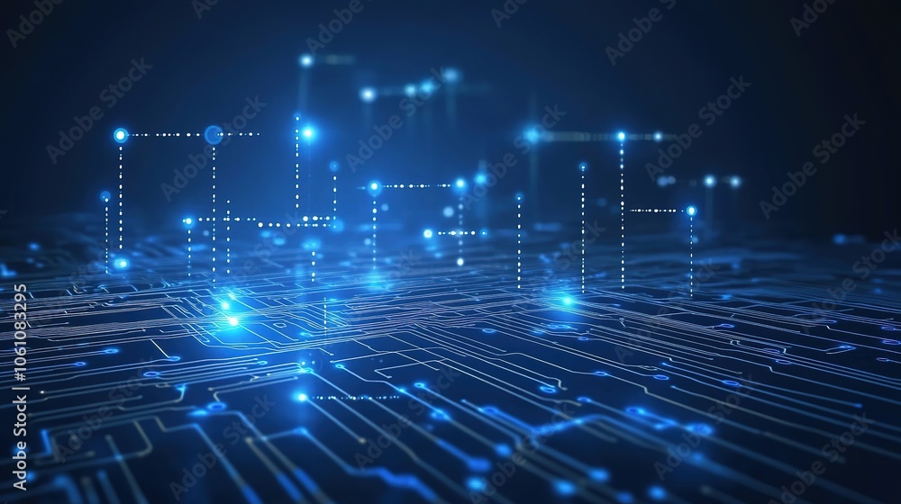 Obraz premium Abstract digital network circuit board background banner with glowing light and connecting data dots in blue and black colors. Big data technology concept.
