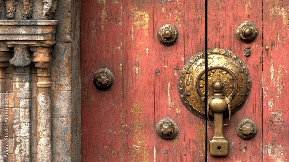 Weathered Wooden Door with Ornate Metal Hardware Weathered Wooden Door with Ornate Metal Hardware