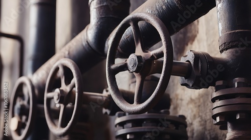 A series of large, industrial pipes and valves against a stark, utilitarian background, emphasizing the raw and functional nature of the machinery within an industrial environment