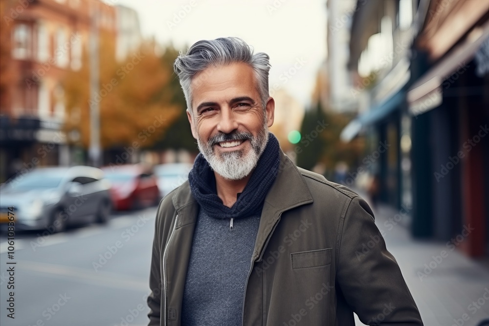 Portrait of handsome middle-aged man with gray hair and beard, wearing casual clothes, looking at camera, smiling. Portrait of handsome middle-aged man with gray hair and beard, wearing casual clothes, looking at camera, smiling.