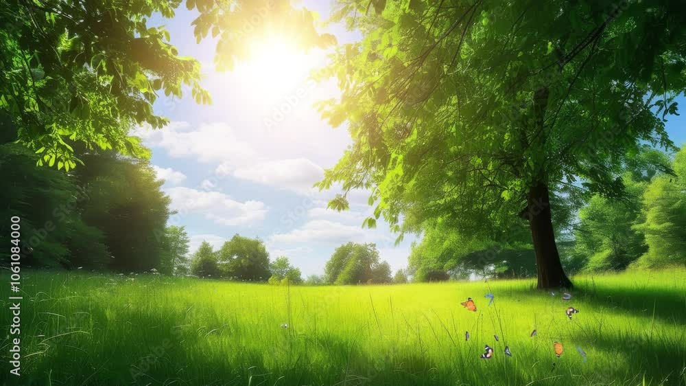 A breathtaking sunny day in a vast green meadow with vibrant trees and a clear blue sky. Butterflies fluttering add a touch of liveliness and serenity to the picturesque scene. A breathtaking sunny day in a vast green meadow with vibrant trees and a clear blue sky. Butterflies fluttering add a touch of liveliness and serenity to the picturesque scene.