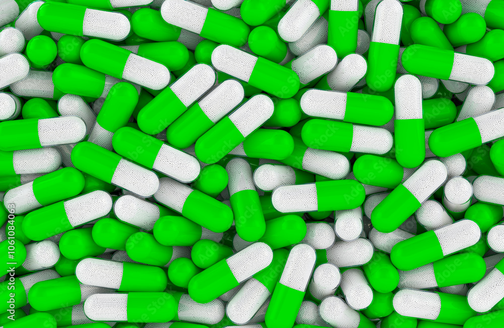 Background from green medicament capsules, 3D rendering Background from green medicament capsules, 3D rendering