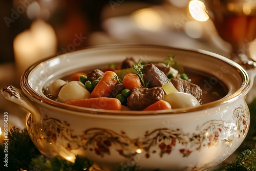 Close-up of traditional Pot-au-Feu in a vintage soup tureen with tender beef, carrots, leeks, and turnips in rich broth. Set on a classic restaurant table with rustic French decor and warm lighting photo