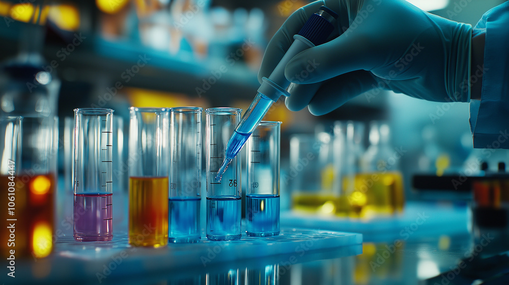 Scientist Using Pipette to Dispense Blue Liquid into Test Tube with Colorful Solutions in Background, Emphasizing Precision in Laboratory Research Scientist Using Pipette to Dispense Blue Liquid into Test Tube with Colorful Solutions in Background, Emphasizing Precision in Laboratory Research
