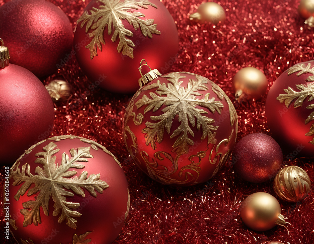 Red and gold Christmas balls with snowflake decorations on red glitter background Red and gold Christmas balls with snowflake decorations on red glitter background