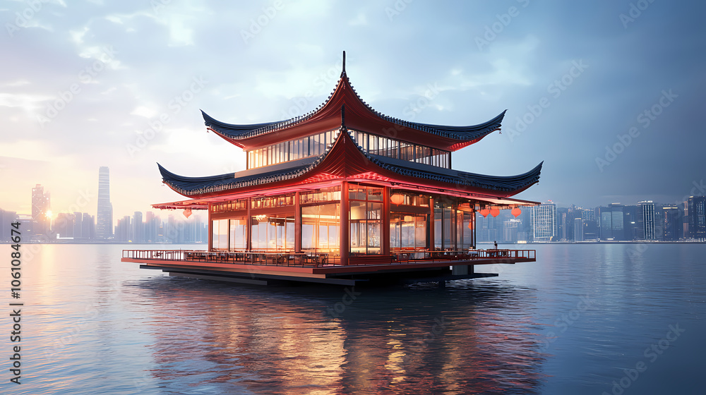 3d render of a floating restaurant on sea backdrop, chinese building. Floating Cityscape. Illustration 3d render of a floating restaurant on sea backdrop, chinese building. Floating Cityscape. Illustration