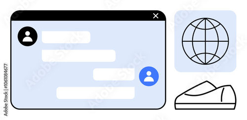 Chat window with user avatars and dialogue boxes, globe representing global network, and shoe icon. Ideal for e-commerce, customer support, international retail, online communication, web services