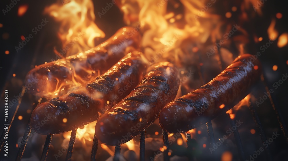 Deliciously Grilled Sausages Over Roaring Flames on a Classic Barbecue Grill Outdoors Deliciously Grilled Sausages Over Roaring Flames on a Classic Barbecue Grill Outdoors