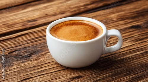 A white cup of espresso on a rustic wooden table.