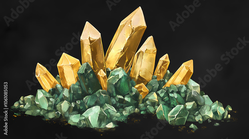 A black background with a pile of gold foiled paperweights on top of a stack of green crystals. Crystal Mines. Illustration photo