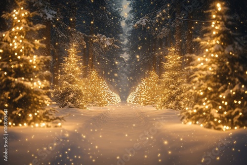 winter night scene with a glowing Christmas tree in the center, surrounded by snowflakes and glowing twinkling lights, conveying the magic of xmas