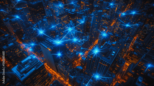 Smart digital city with connection cyber security network reciprocity over the cityscape . future smart wireless digital city and social media networking systems that connects people within the city