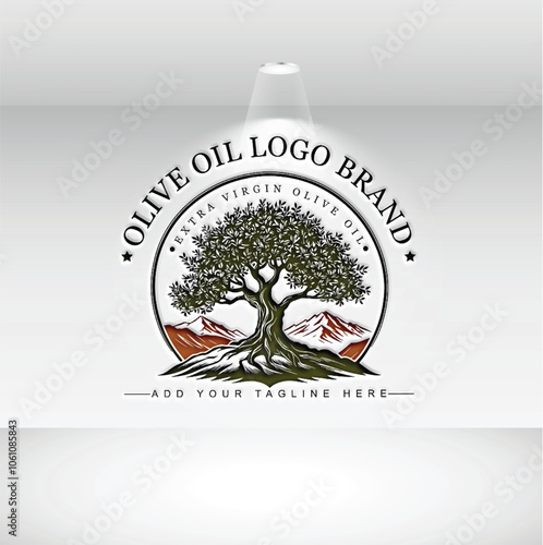 Olive oil logo or label design contains big olive tree and vintage frame 