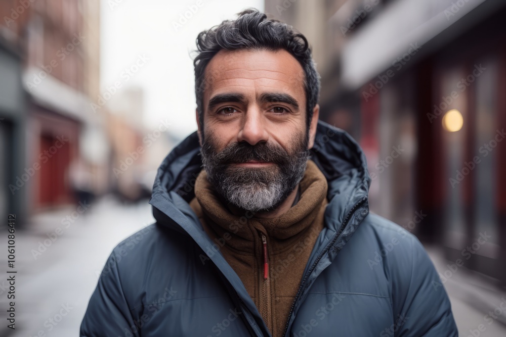 Portrait of a bearded middle-aged man in a jacket on a city street. Portrait of a bearded middle-aged man in a jacket on a city street.