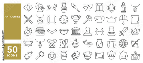 Set of 50 line icons related to antiquities, ancient, art, clay, vintage, jewel, old, history, sculpture, Editable stroke. Vector illustration