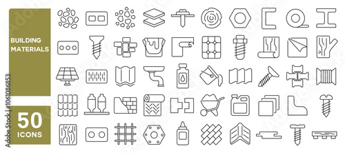 Set of 50 line icons related to building materials, concrete, brick, sand, cement, tiles, wood, stones, metal, plastic, Editable stroke. Vector illustration