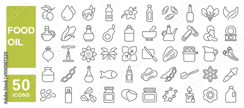 Set of 50 line icons related to food oil, olive, rapeseed, canola, sunflower, palm, ghee, peanut, coconut, sesame, cook, oil, bottle, corn, Editable stroke. Vector illustration