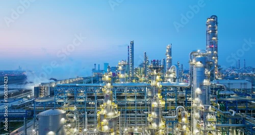 Industrial buildings of petrochemical plant in industrial area during blue hour