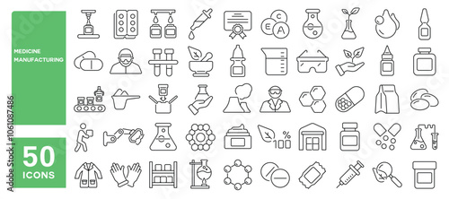 Set of 50 line icons related to medicine manufacturing, medical, production, pharma, factory, for, industry, science, machine, capsule, Editable stroke. Vector illustration photo